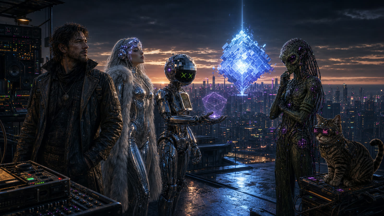 The Pixel Records signal crew assembled above Neko City