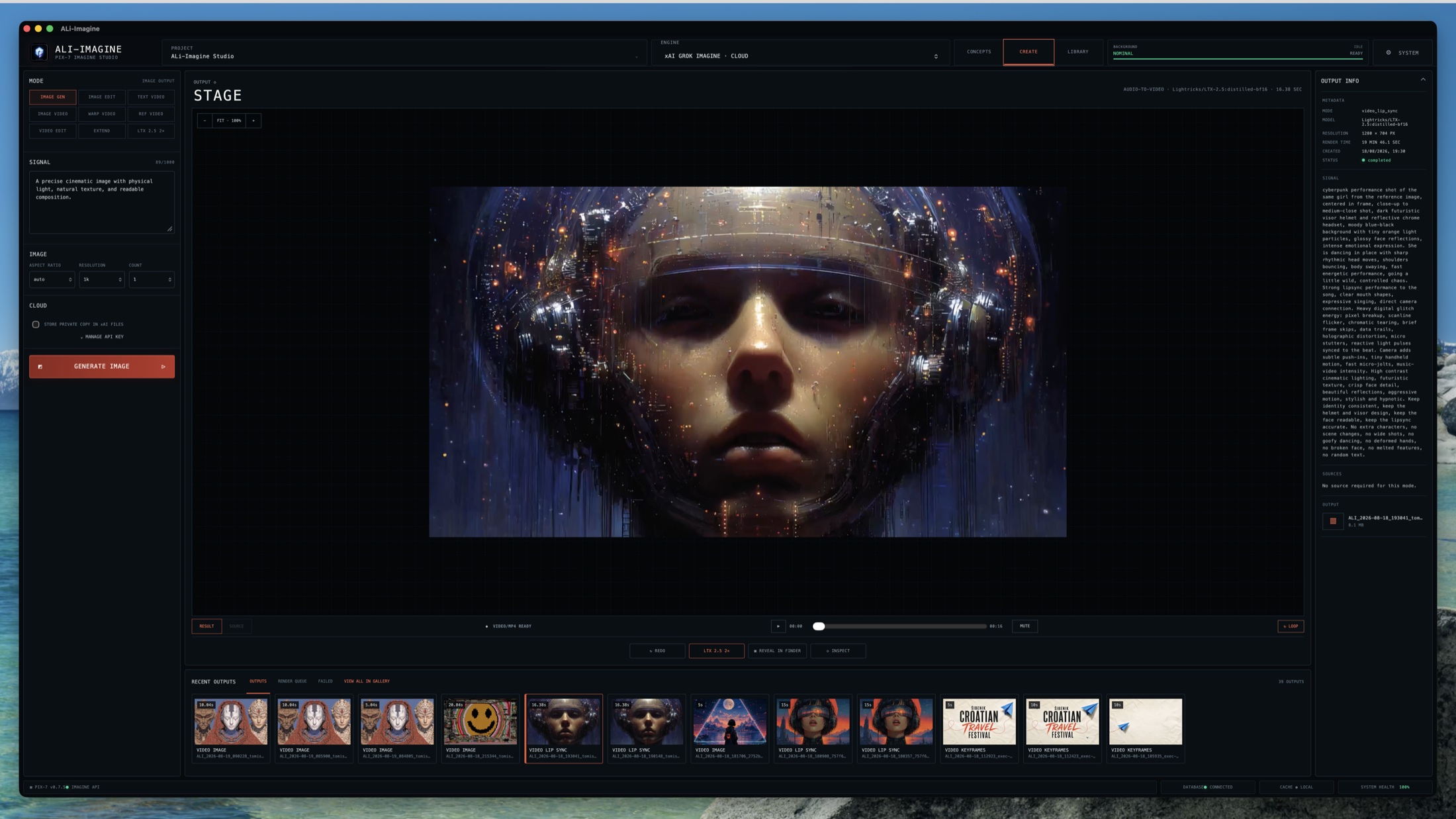 ALi Imagine Create workspace showing a generated cybernetic portrait