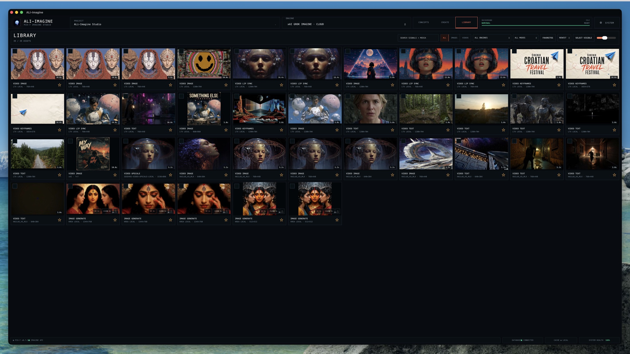 ALi Imagine Library showing generated images and video outputs
