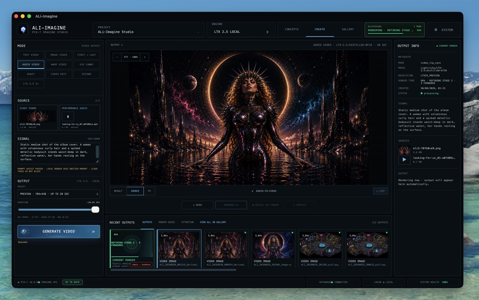 ALi Imagine running a 20-second LTX 2.5 local audio-to-video render with the result, source frame, performance audio, and render progress visible