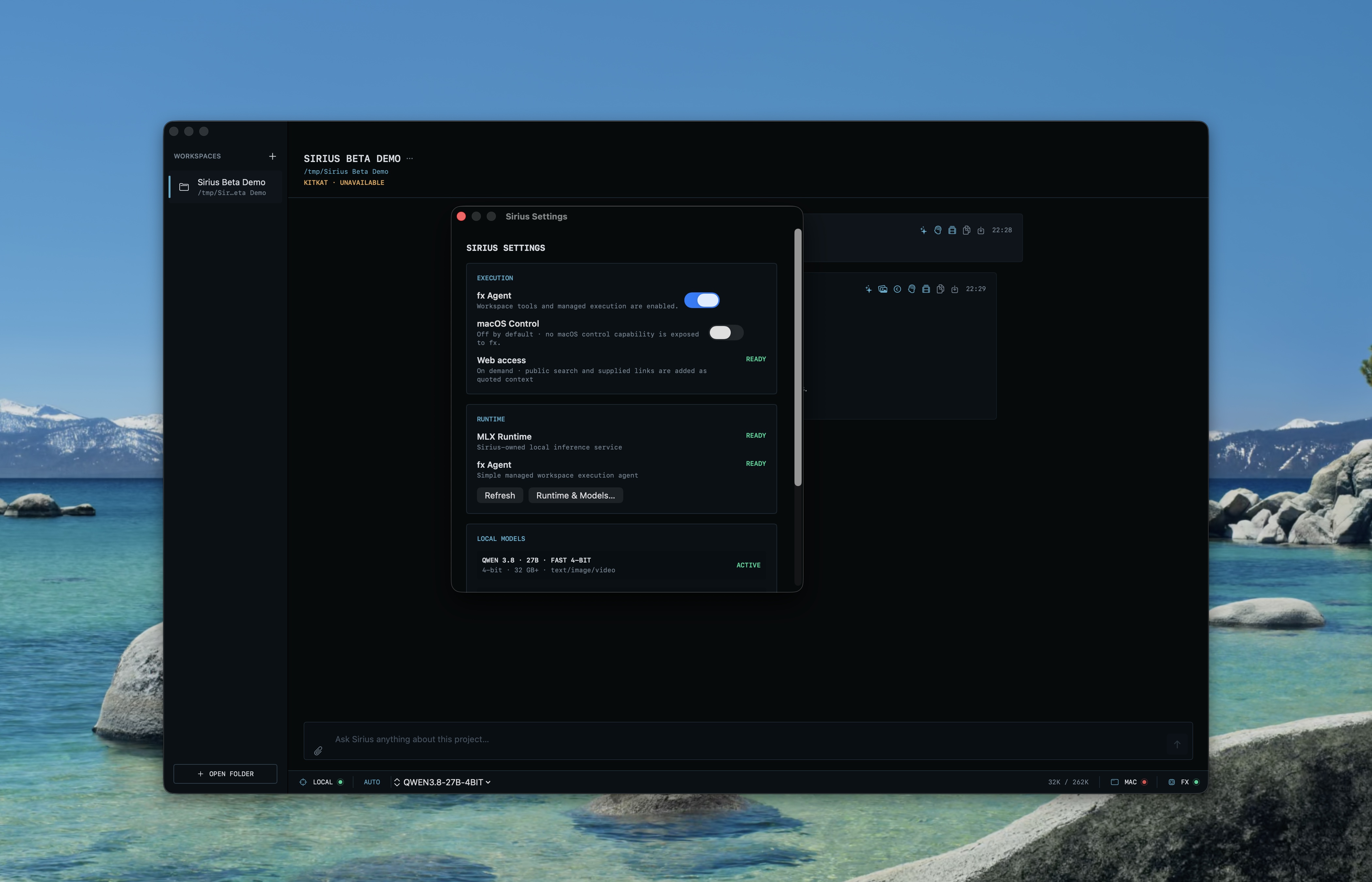 Sirius Settings over a clean macOS Desktop showing fx Agent enabled and macOS Control disabled