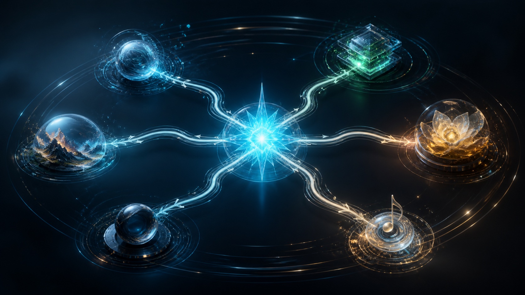 Abstract Sirius star coordinating six independent creative systems through reversible luminous handoffs