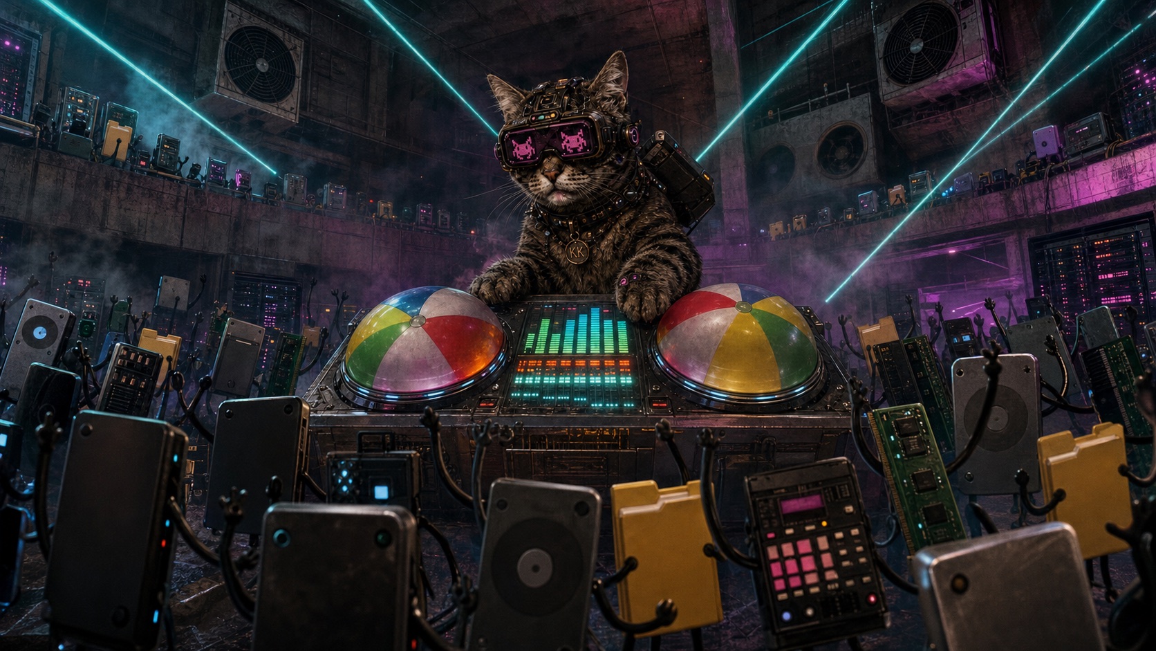 KITKAT DJing on two spinning rainbow beachballs for a crowd of storage devices