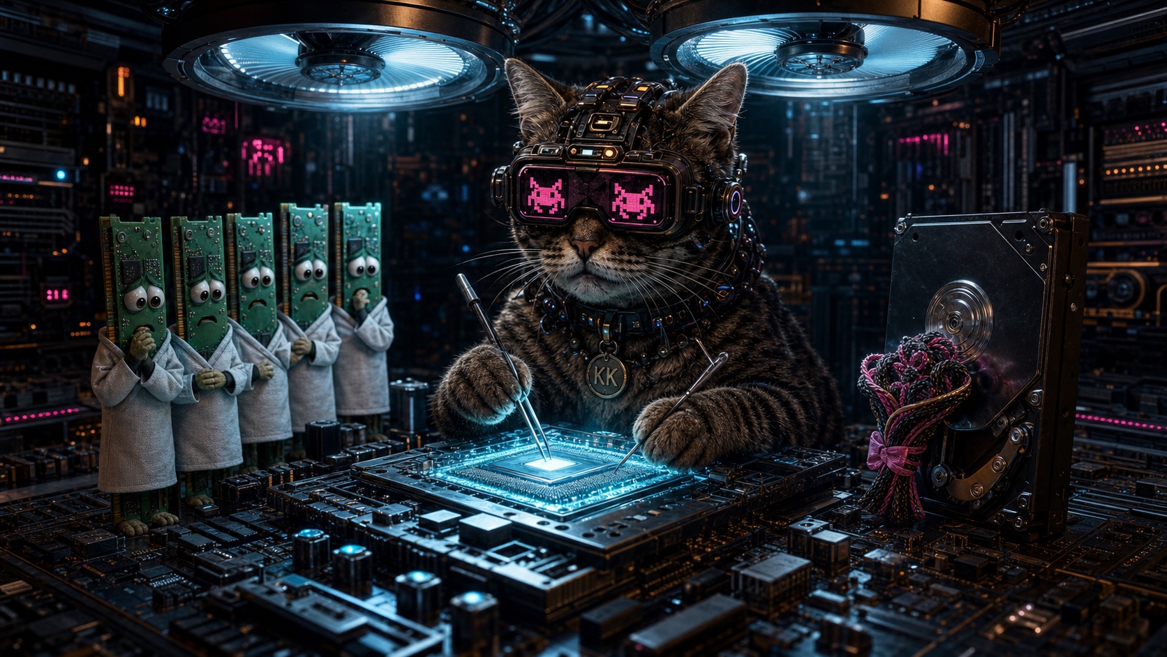 KITKAT performing microsurgery on a glowing processor while worried RAM modules wait