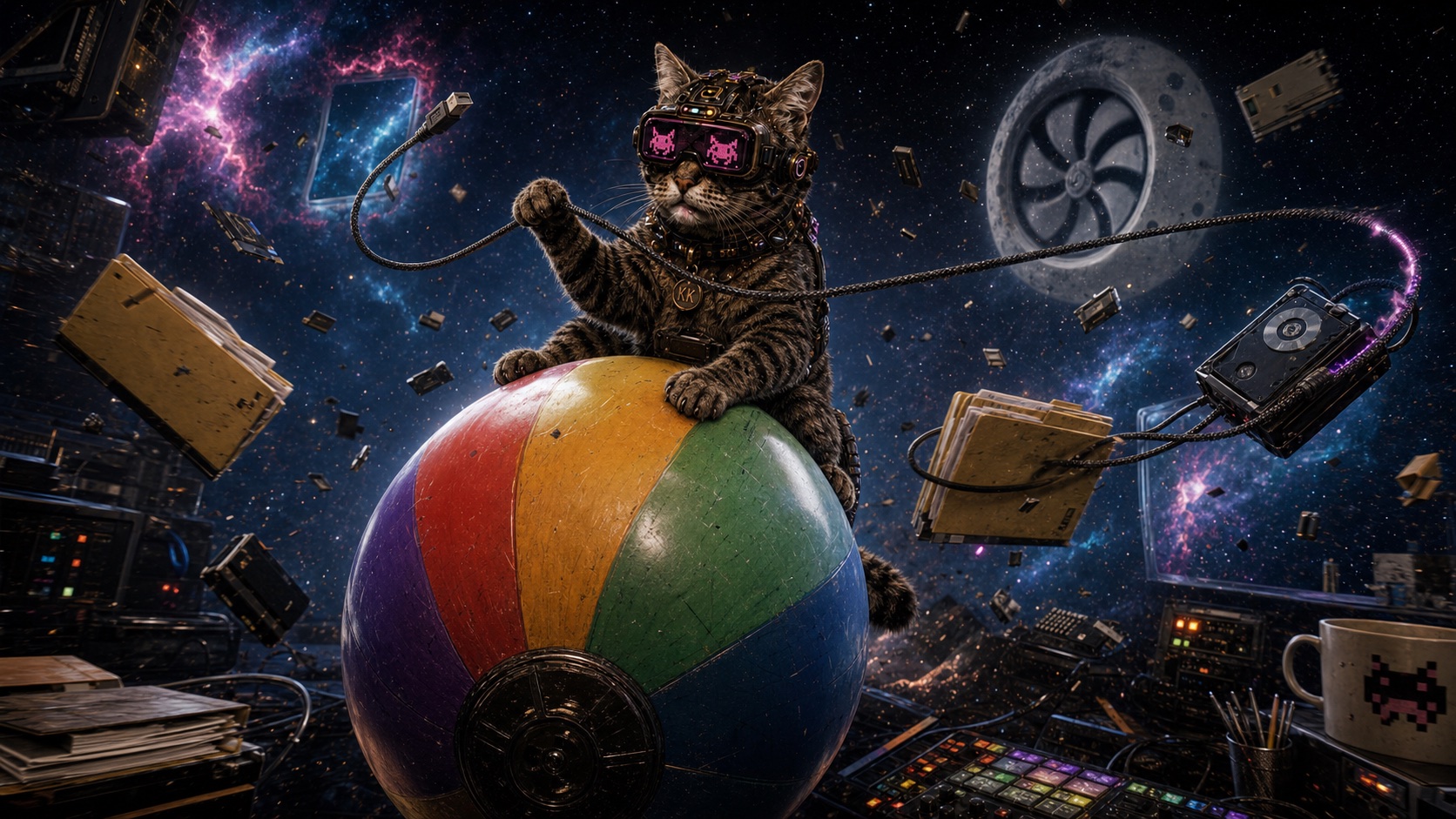 KITKAT riding a giant rainbow beachball through space and lassoing runaway folders