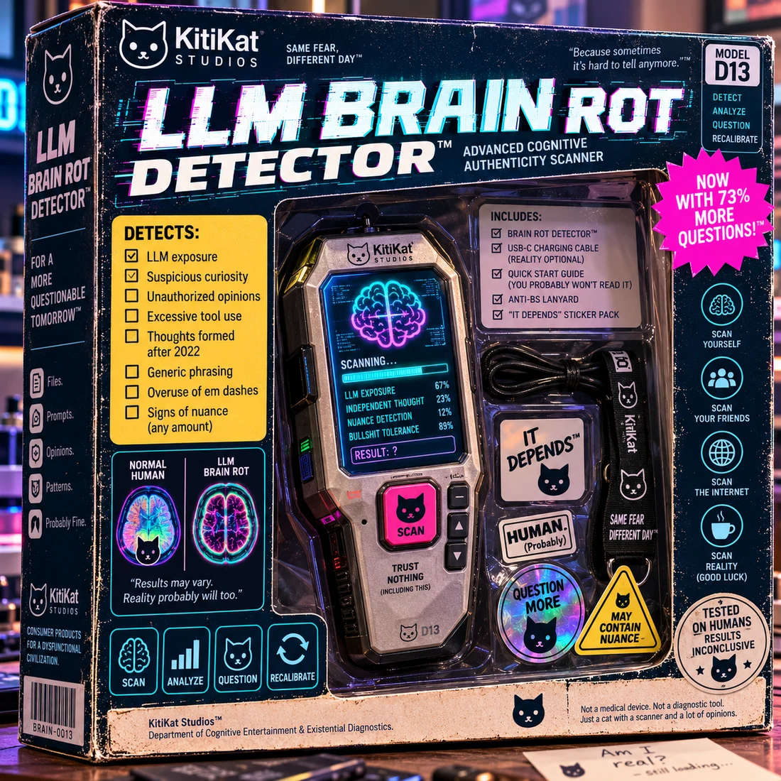 KitiKat LLM Brain Rot Detector packaging, Model D13, with neon brain scanner and It Depends sticker