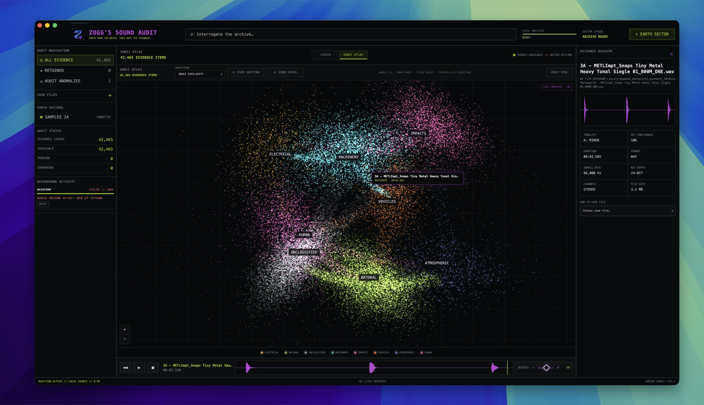 Zogg's Sound Audit three-dimensional Sonic Atlas showing a real 60,117-file sound library as a galaxy