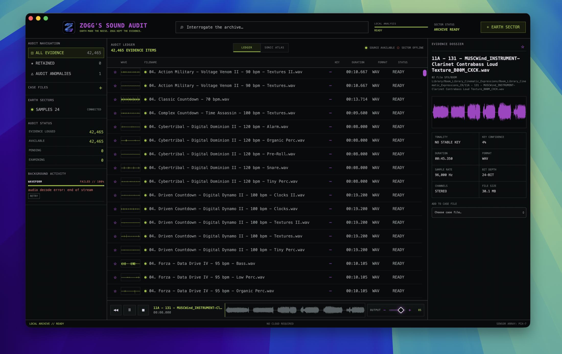 Zogg's Sound Audit Ledger displaying a real local library with waveform previews and evidence details